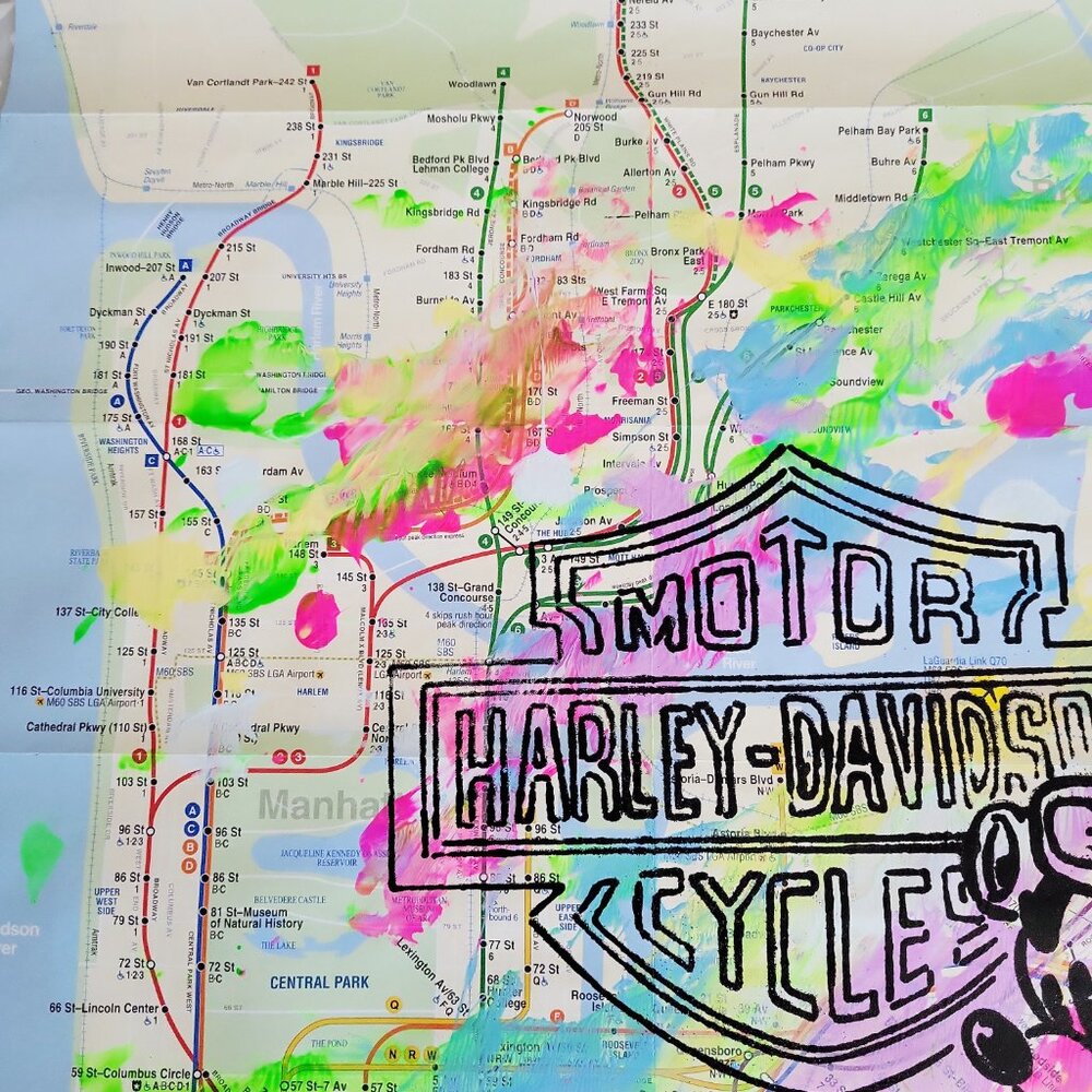 Handpainted Mickey Mouse Harley-Davidson Acrylic Art Painting on NYC Subway Map - Picture 7 of 9